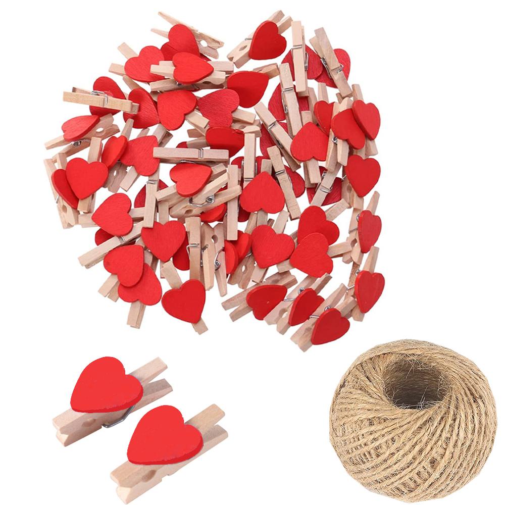 Mini Wooden Heart Clothespins, Multicolor Small Clothespins with Heart,  Tiny Clothes Pins with String for Photos Display,DIY Craft,Wedding Decor