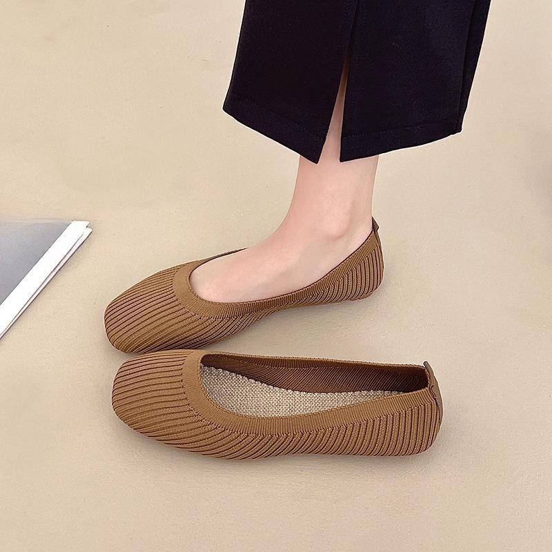 Fashion Knit Flats Autumn New Square Toe Shallow Mesh Breathable Soft Sole Non-Slip Sneakers