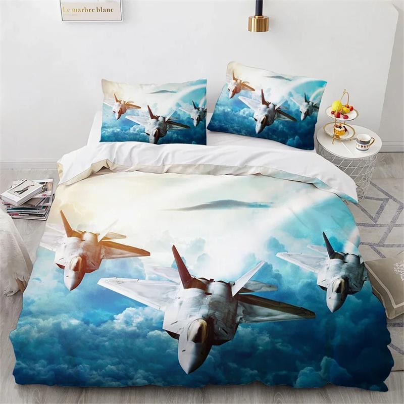 Fighter Plane King Queen Duvet Cover Military Aircraft Theme Bedding Collection Kids Boys Men Sunset Airplane Polyester Comforter Cover