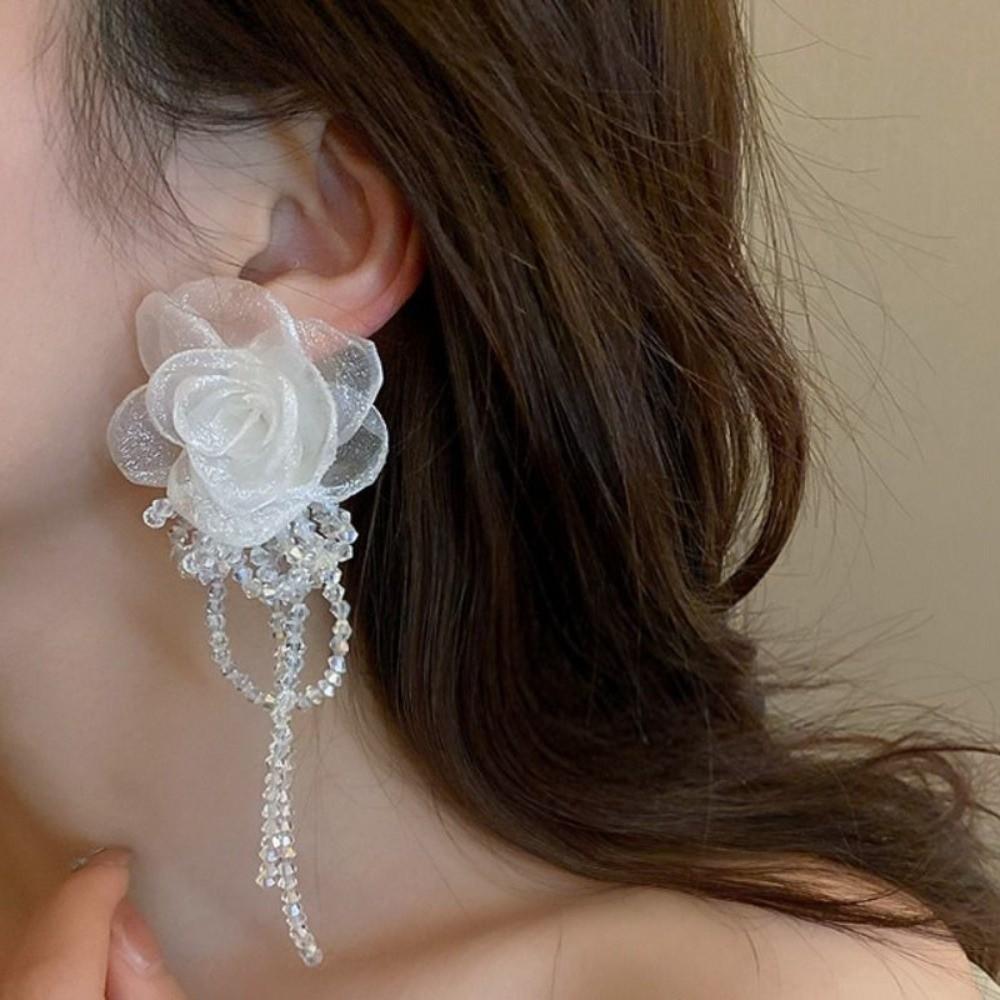 Light Luxury Tassel Earrings Long Crystal Dangle Earrings High-end Gauze Flower Earrings  Daily