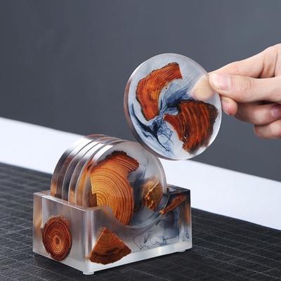 Set da 7 pezzi Tazze da tè Artigianali in Resina Giapponese Legno Tappetino Isolante Termico Sottobicchieri Creativi Accessori per Tè Kung Fu