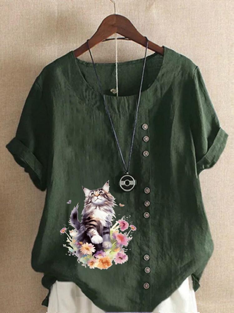 Women's Fashion Floral Cat Print Round Neck Short Sleeve T-shirt Casual Cotton Linen Graphic Shirt Leisure Loose Summer Blouse Tops