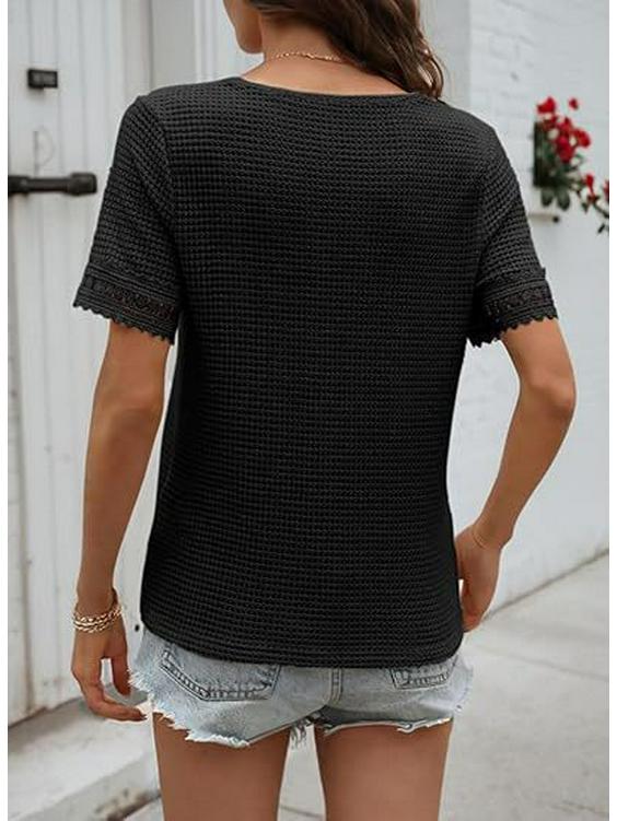 2026 Women's Casual V-neck Short-Sleeved Waffle Knit Top with Lace Patchwork