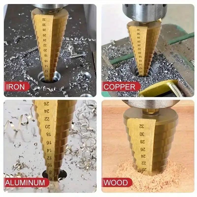 6pcs Titanium-Coated Step Drill Bit Set 4-12/4-20/4-32mm and 3/6/8mm Suitable for Glass Versatile Woodworking and Metal Drilling