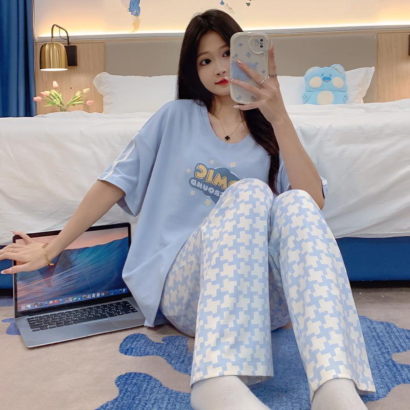2025 Pajamas Women With Chest Pads, Short Sleeves, Trousers, Thin Two-Piece Set, Casual Korean Version Loose Set
