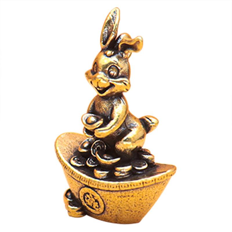 Chinese Year Brass Zodiac Rabbit Figurines Desktop Small Ornament Lucky Rabbit Key Chain Pendant Figurine Decorations Crafts Accessories