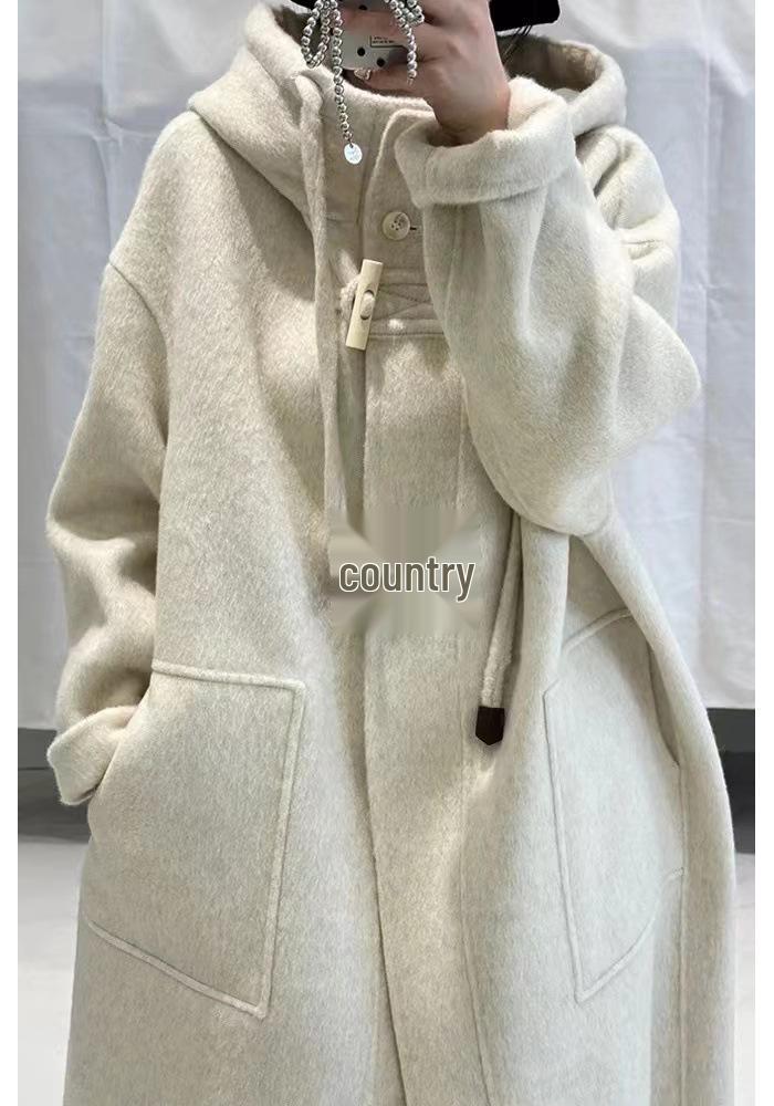 2025 Autumn/Winter Women's Loose Hooded Double-Sided Cashmere Coat with Horn Buttons