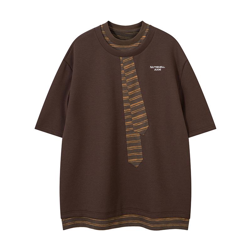 

Men s Casual Short Sleeve Color Block Crew Neck T-Shirt with Embroidered Tie Design Small кавовий