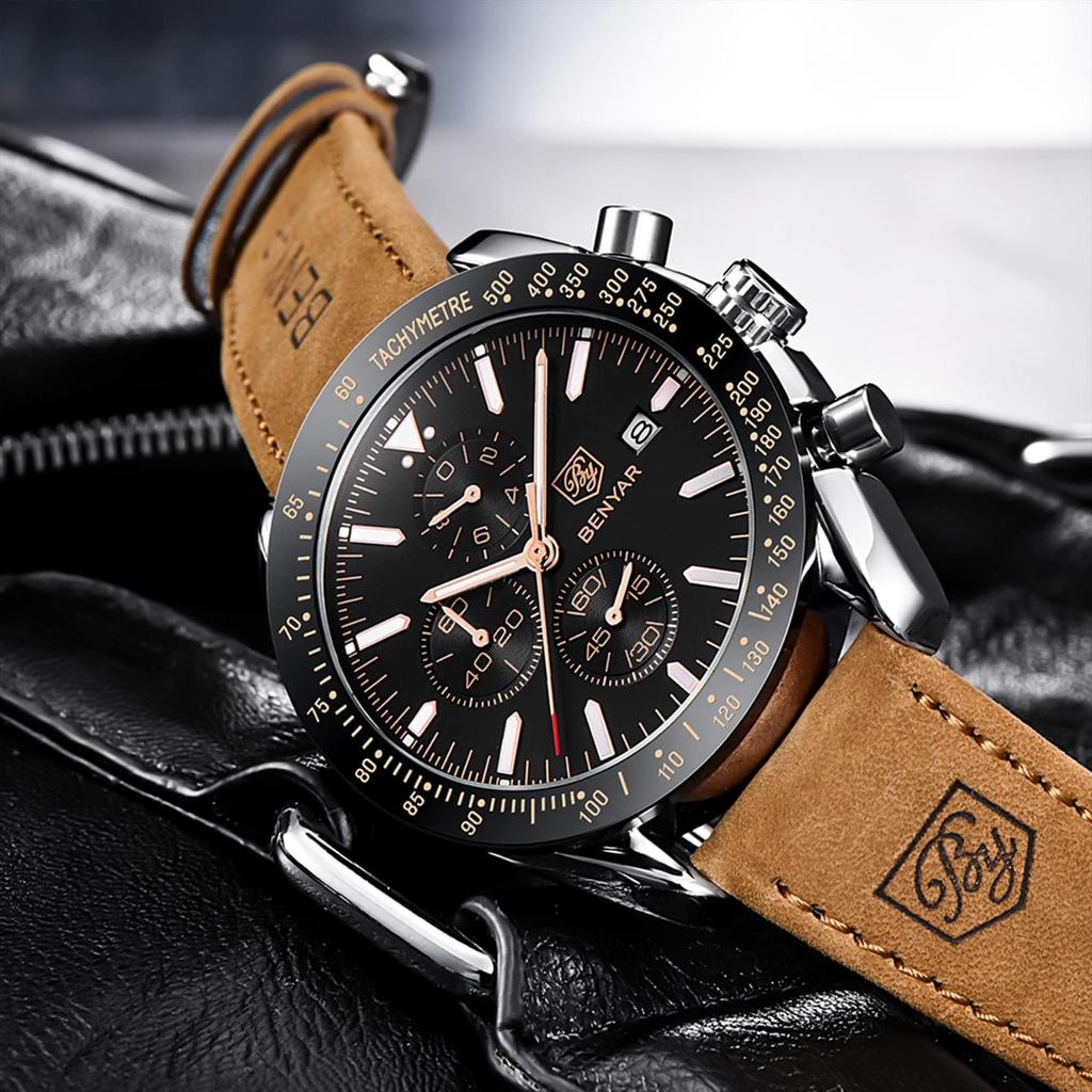 BY BENYAR Chronograph Analog 30M Wasserdicht Lederarmband Quarz Geschenk für Erhältlich in und Schwarz Herrenuhr, Widerstandsfähig, Schlicht, Stilvoll, Beliebt, Formell,