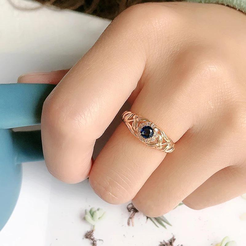 Bague pour femme en zircon bleu mode européenne et américaine avec cuivre plaqué or