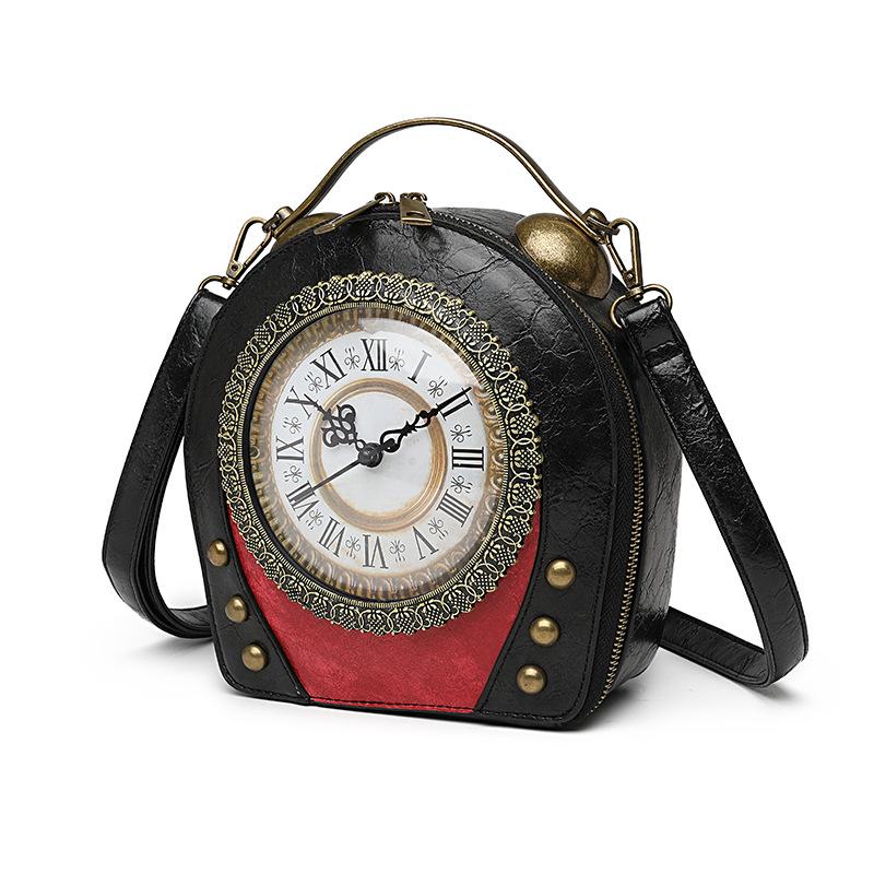 European American Personalized Retro Clock Ladies Handbag High Quality PU Material Antique Shoulder Bags Rivet Dial Design Women's Diagonal Span Bag
