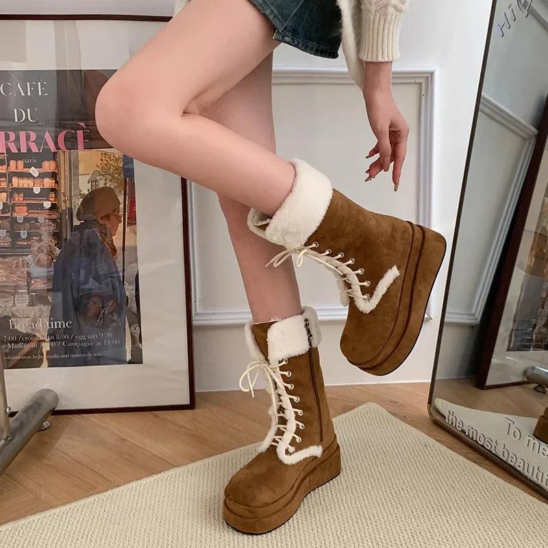 Comemore Women's 20245 Autumn and Winter Thick Soled Plush Warm Mid Length Lace Up Short Cotton Shoes with Fur and Snow Boots