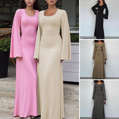 Women Dress U Neck Long Sleeve A-line Elastic Long Slim Fit Skinny Horn Sleeve Back Strap Lace Up Ankle Length