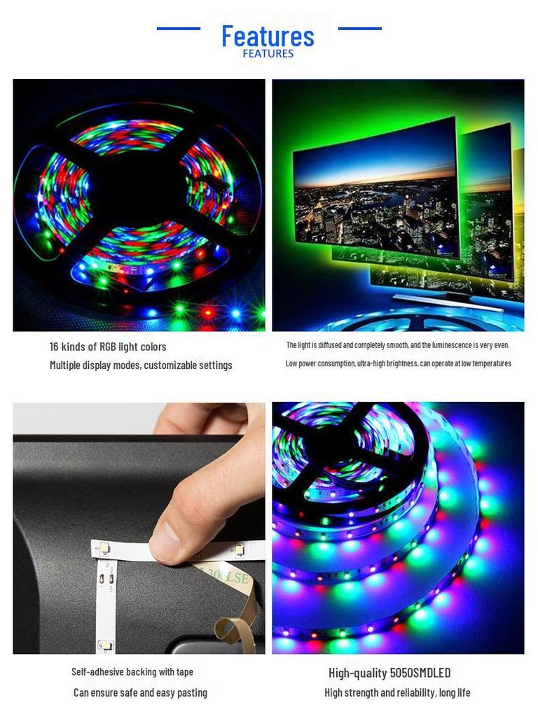 USB 5V RGB LED Strip Light with 24-Key Remote, Stepless Dimming for TV and Indoor Use