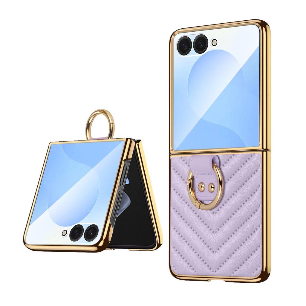 Electroplated Diamond Grid PU Leather Ring Holder Case for Samsung Z Flip7/6/5