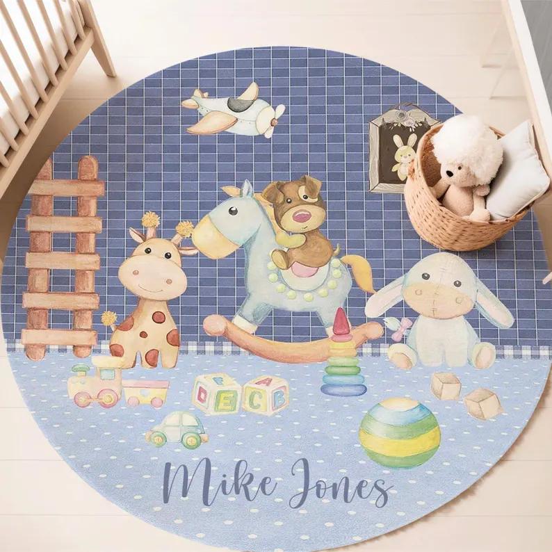 Boho Safari Animal Round Rug Autumn Forest Friends Floor Mat  Non-slip Carpet Wild Jungle Kids Room Decor Ethnic Baby Gift