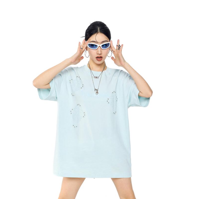 

Женская американская ретро футболка с заклепками с коротким рукавом ICH MODE L