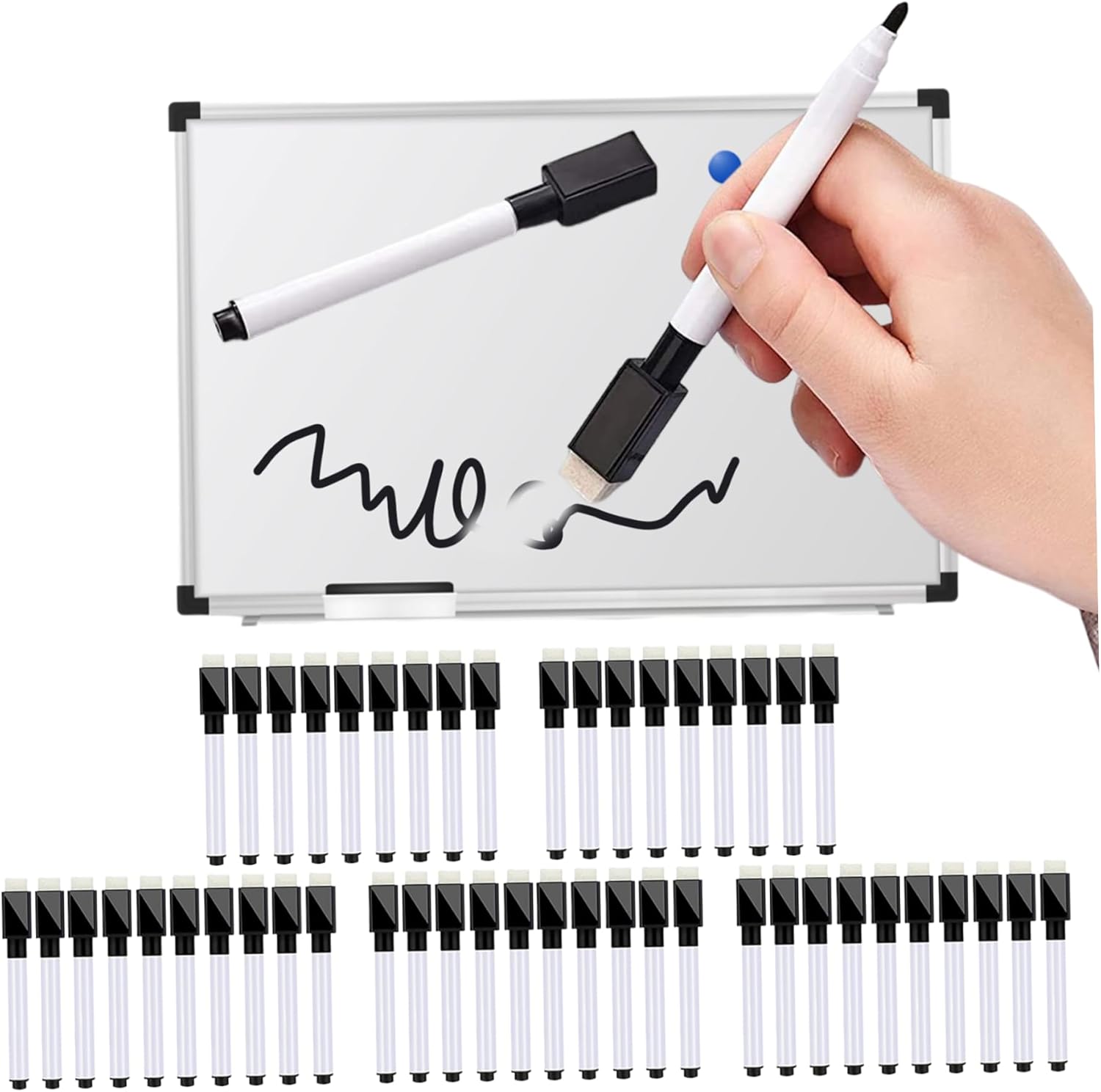 

50-Pack Black Dry Erase Markers with Eraser Caps, Mini Whiteboard & Chalkboard Pens, Lightweight, Office Desk Organizer