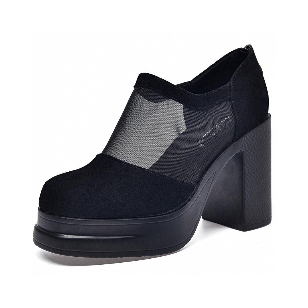 

Туфли на высоком каблуке женские 2024 весна-лето новые европейский и американский стиль мода персонализированные водонепроницаемые туфли на толстом каблуке платформе модные туфли в сетку 34 чёрный