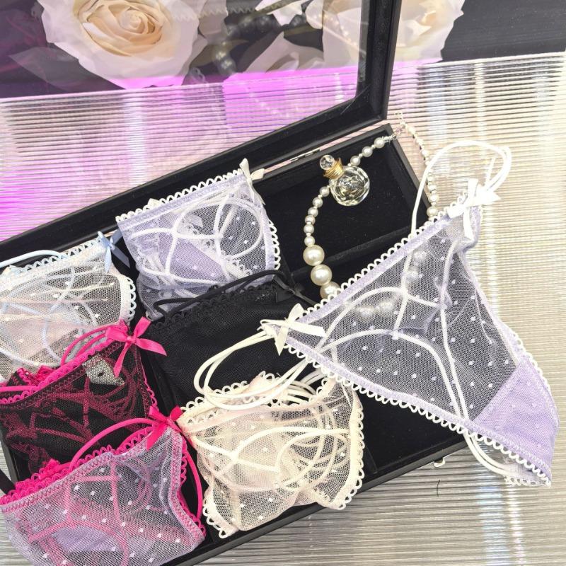 Temptation Thin Dots Transparent Sexy Women's Underwear Sweet Girl Bow Mesh Hollow Out Panties Cotton Crotch Cute Thongs