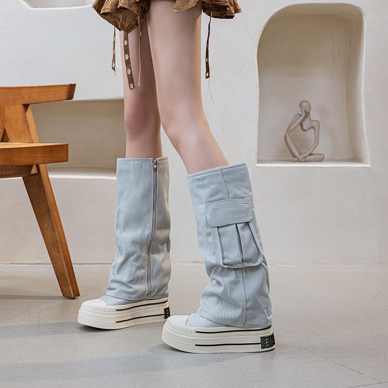 12CM inner height-increasing tooling boots women's autumn and winter new high boots irregular folds double-layer design trouser tube boots