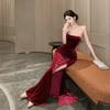 New Elegant and Sexy Velvet One-shoulder Evening Gown with Padded Cups Rhinestone Decoration High Slit Cut Out Mermaid Style Formal Party Long Dress