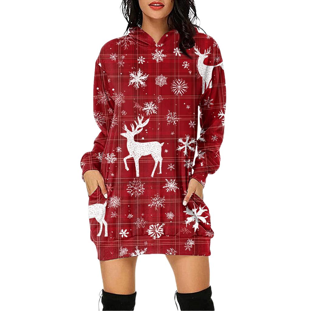 Rochie Pulover cu Glugă și Mâneci Lungi cu Buzunar și Imprimeu de Crăciun pentru Femei