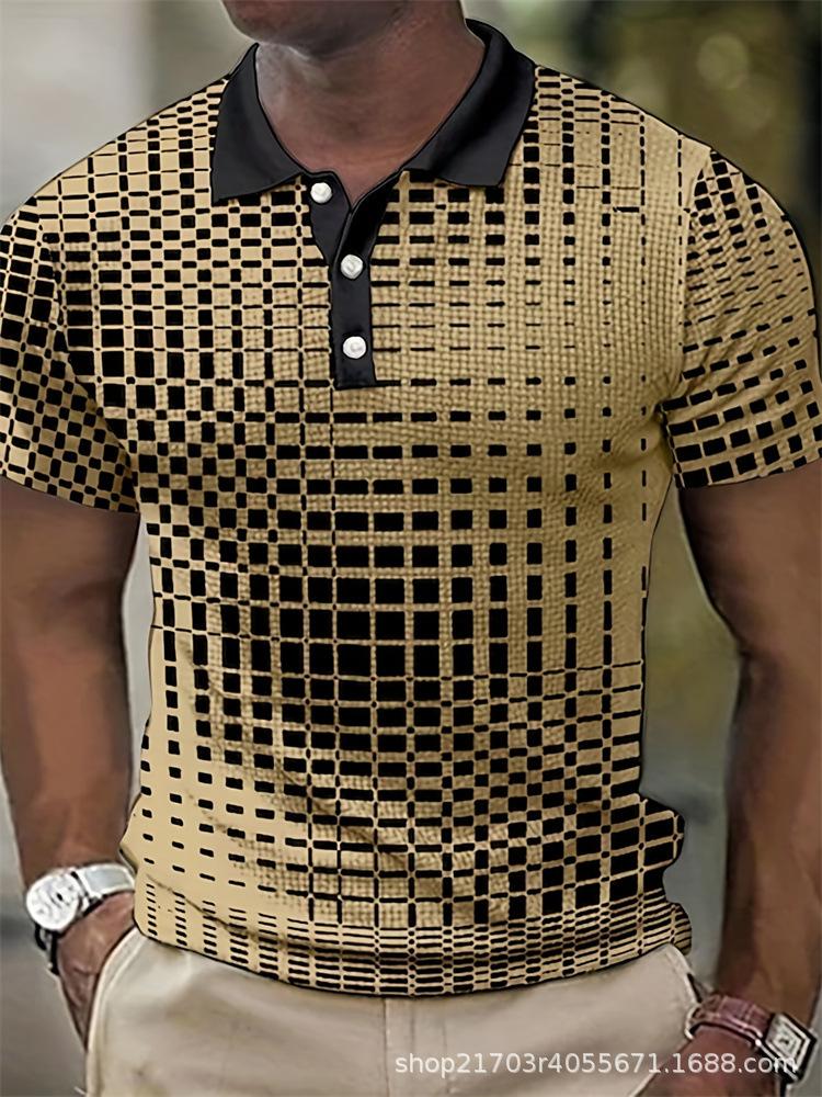 Casual Geometric Block Print Short Sleeve Zip Collar Polo Shirt for Men