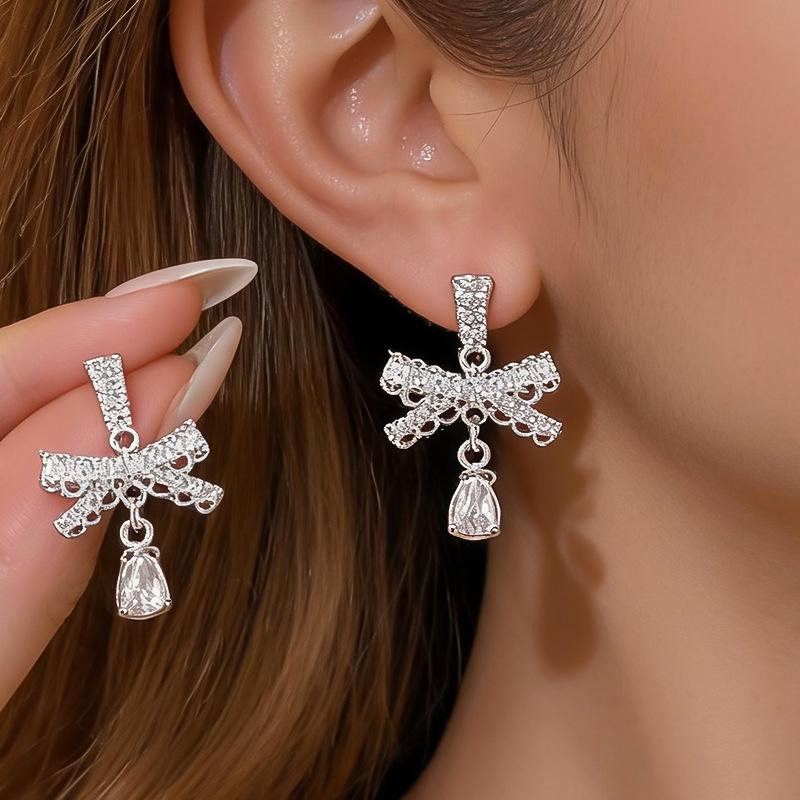 Elegant Zircon Bow Water Drop Stud Earrings - Light Luxury Niche Design for Women
