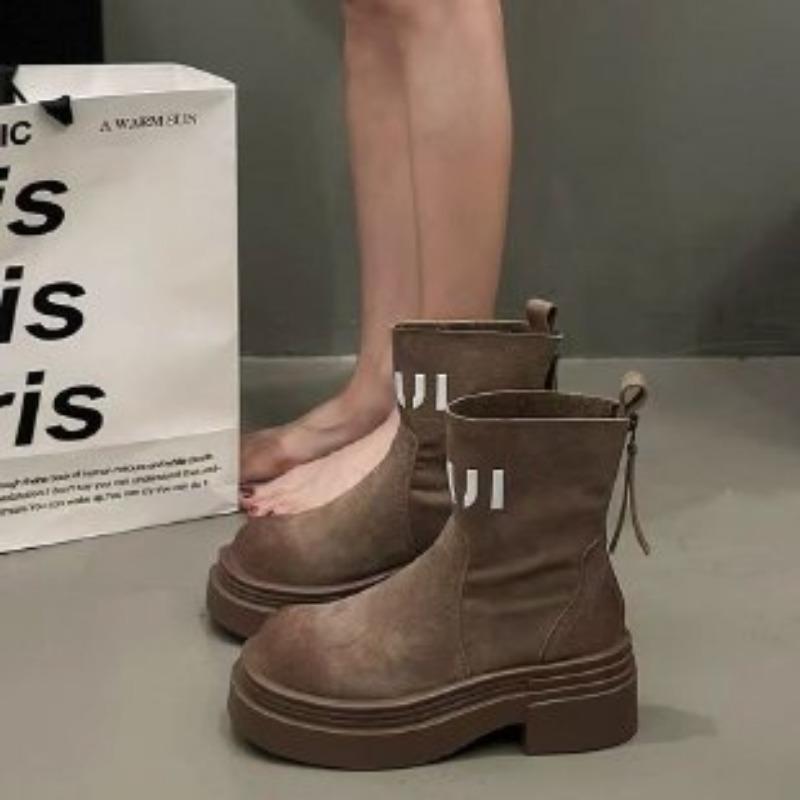 

Ретро алфавит толстый каблук короткие ботинки Мартина женские маленькие мужские на высокой подошве задняя молния тонкие ботинки 40 коричневый