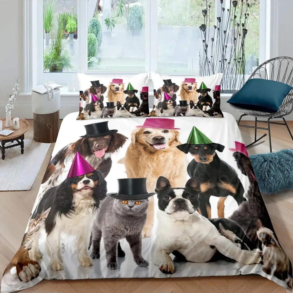 Cat and Dog Duvet Cover Set Pug Bedding Set Kawaii Puppy Animal Comforter Cover Valentine's Day Love Heart Wedding Quilt Cover