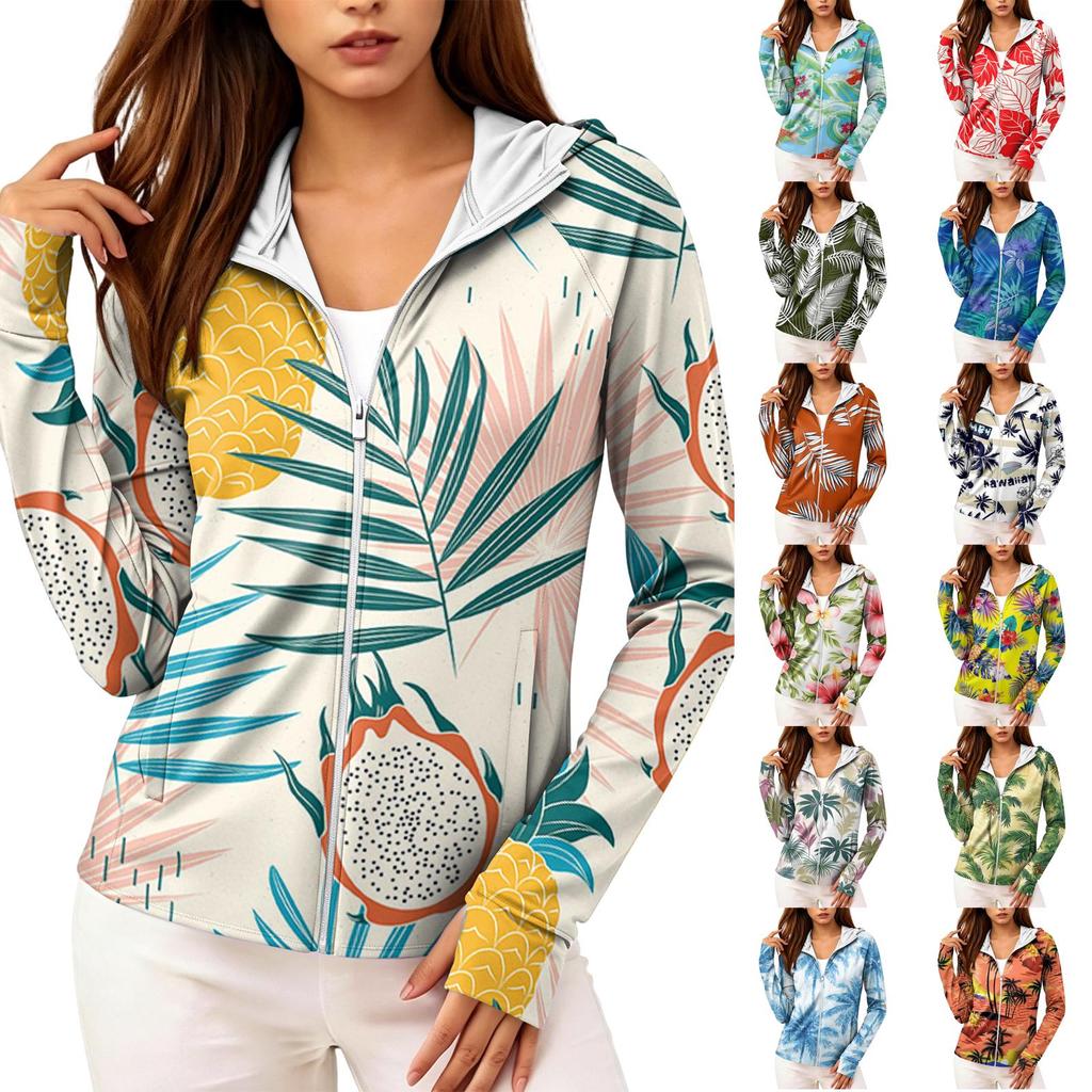 Women’s Zip Up Hooded Sun Jacket with Pockets Long Sleeve Lightweight Outerwear Tropical Print Design