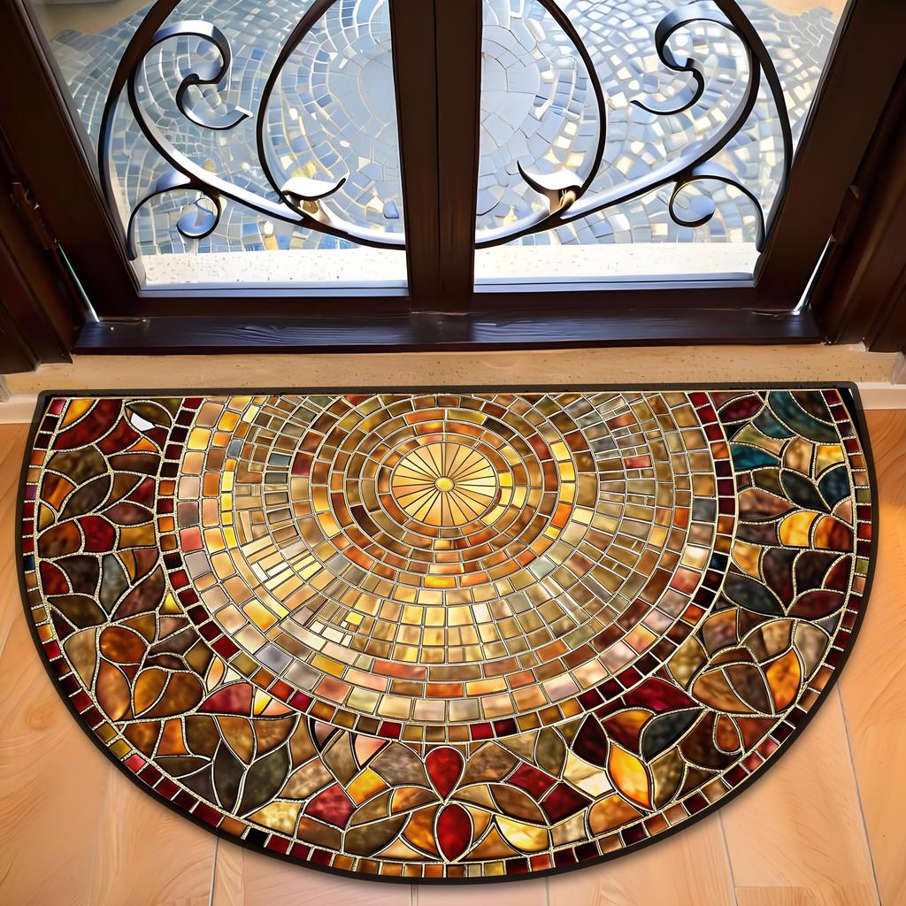 Luxus Mosaik Stil Halbkreis Teppich Weich Rutschfest Dekorativer Teppich 2D Druck Kieselstein Teppich für Haustür Veranda Eingang Dekor