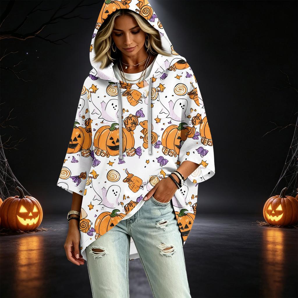 Women's Pullover Hoodie with Three-Quarter Sleeves, Halloween Print, Casual Top
