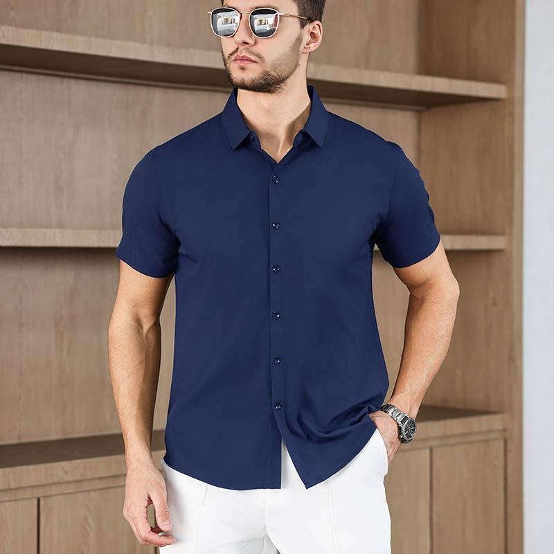 Men's Business Casual Solid Color Short Sleeved Shirt for Summer Fashion No Ironing Comfortable and Versatile Top