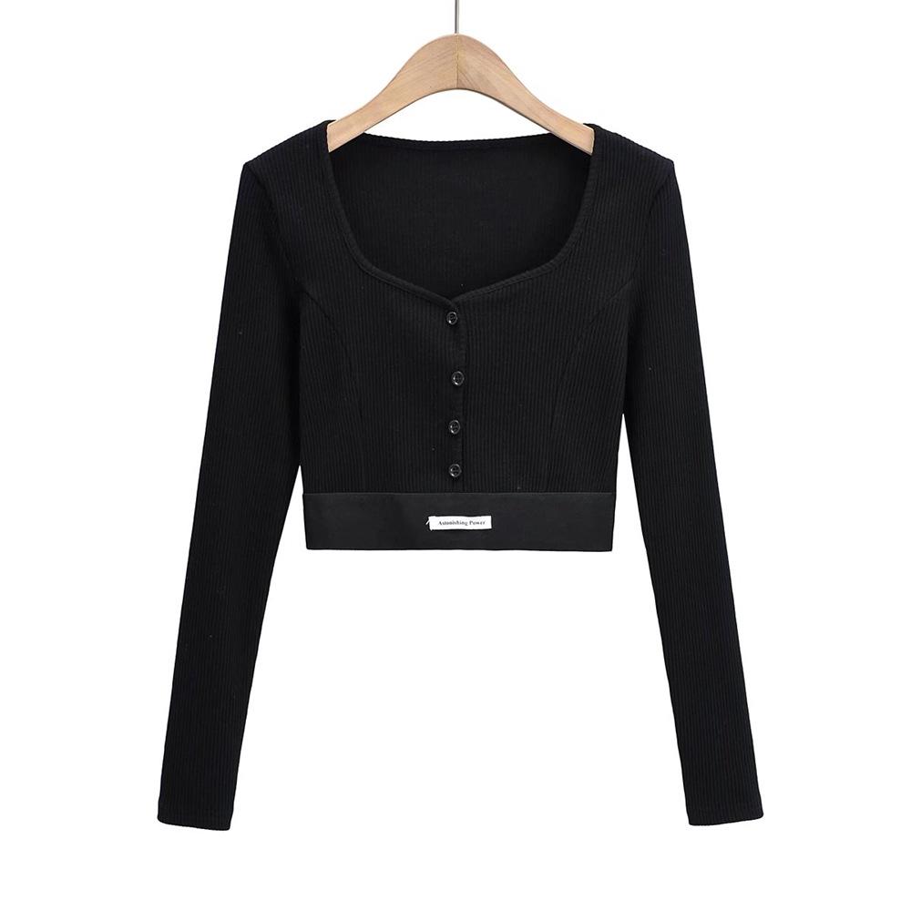 

YPFF Модный женский укороченный облегающий топ с V-образным вырезом и длинными рукавами из рубчатого трикотажа с аппликацией логотипа. Small чёрный