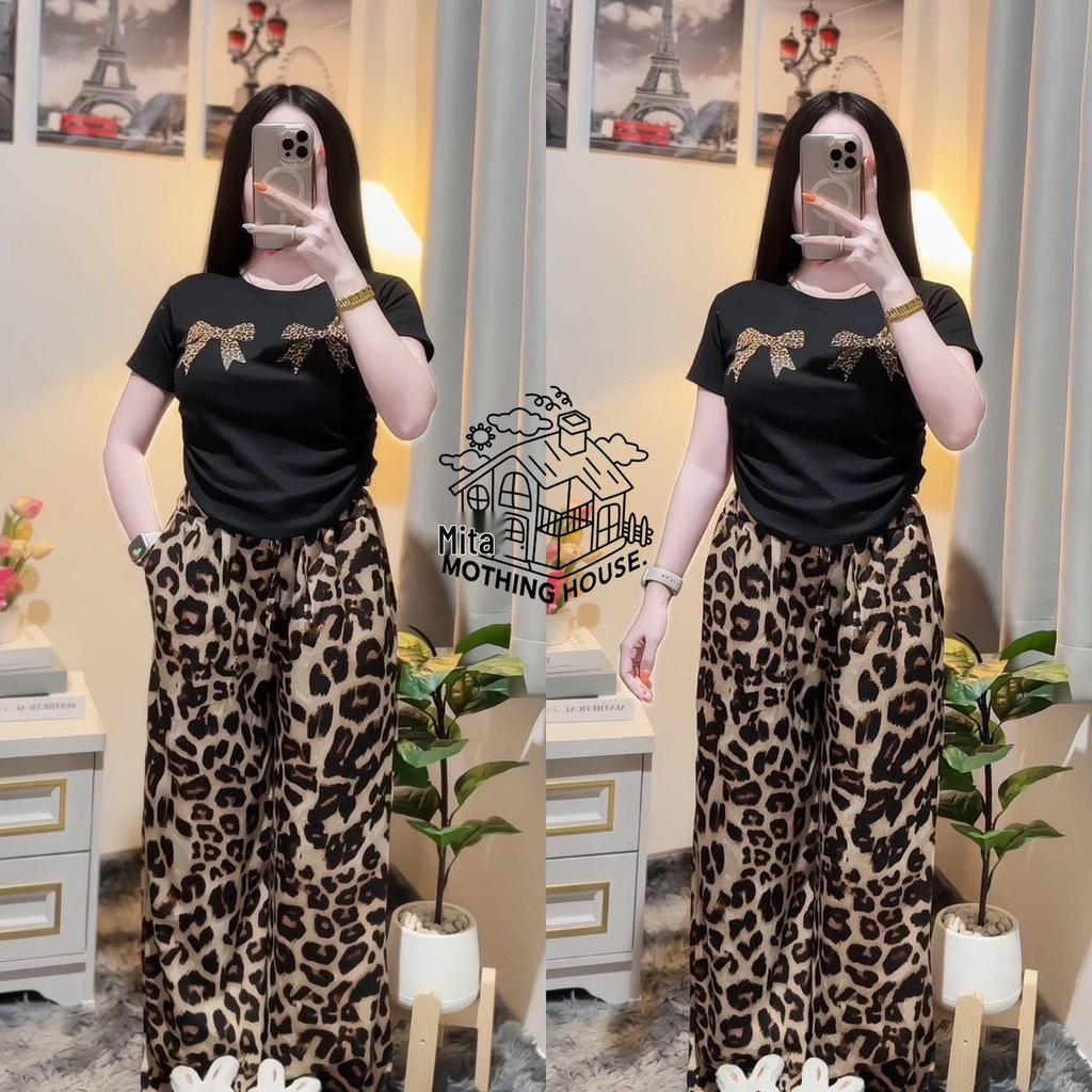 Southeast Asian Women's Summer Leopard Print T-shirt & Wide-Leg Pants Two-Piece Set