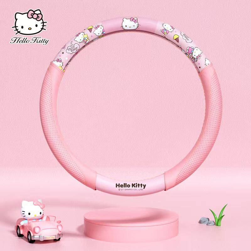 

Wheel Cover Hello Kitty Cartoon Cute Female High-End Car Interior Decoration Leather Steering Wheel Cover Universal for All Seasons Breathable Hellokitty [Pink] Round Style