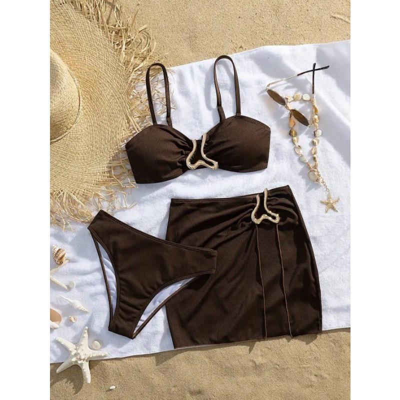 New women's sexy fashionable simple solid color irregular gold decorated three-piece bikini set