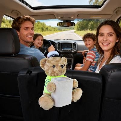 Car Trash Bin Plush Bear Waterproof Storage Organizer Vehicle Trash Can Car Tissue Dispenser For Truck SUV Sedan RV Automotive