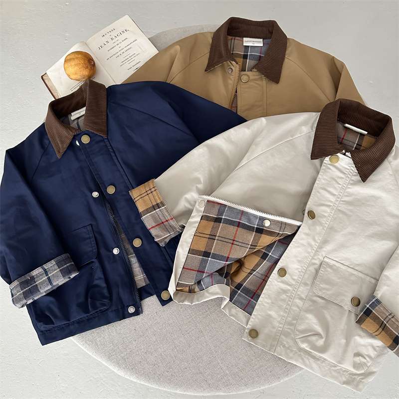 

Spring Autumn Children s Boys Jacket Plaid Spliced Pocket Long Sleeve Toddler Boys Outerwears Coat Children Boys Jacket 140 бежевий