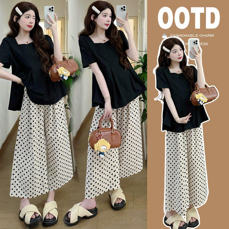 

Trendy Maternity Polka Dot Two-Piece Set: Short Sleeve Doll Shirt & Wide Leg Pants M (95-115 lbs)