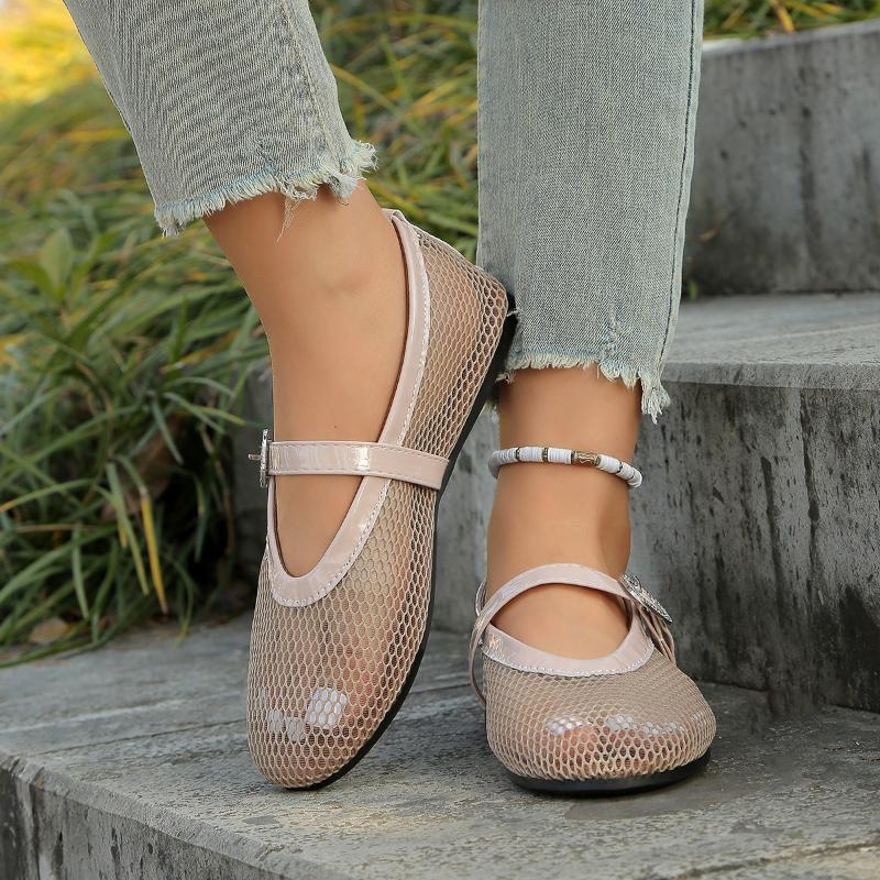 Fashion Women's New Fashion Metal Decor Belt Flat Soft Soled Mary Jane Shoes Ladies Mesh Breathable Casual Round Toe Flats Women Shoes