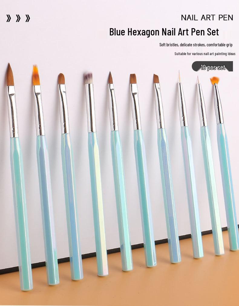 Laser Blue Hexagonal 10-Piece Nail Art Brush Set for Outlining, Lines, and Floral Designs