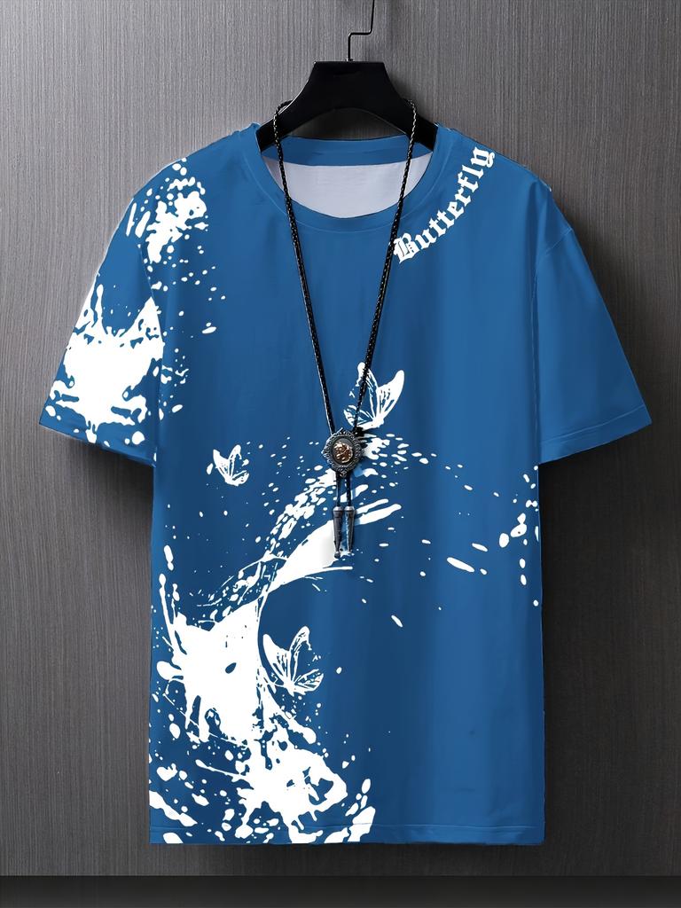 Men's Spring, Summer and Autumn Flat Shoulder Casual Butterfly Print Short-sleeved T-shirt, Suitable for Casual Outings