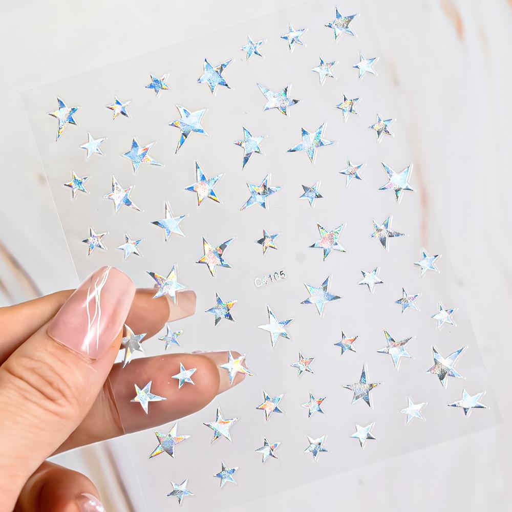 Black White Star 3D Nail Art Sticker Y2K Pentagram Self-Adhesive Decals Laser Shiny Glitters Starlight Manicure Ornaments Slider