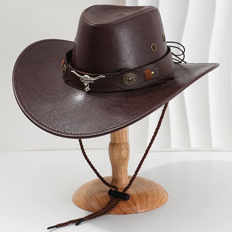 Vintage Faux Leather Classic Wide Brim Cowboy Hat Bullhead Decor Outdoor Sun Shield Hat Men Women Western Style Cowgirl Jazz Cap