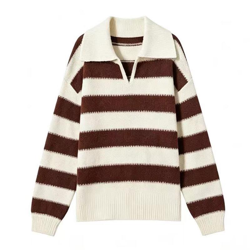 Korean Style Color Block Striped Wool Knit Pullover - Women's Loose Long Sleeve Sweater for Autumn/Winter