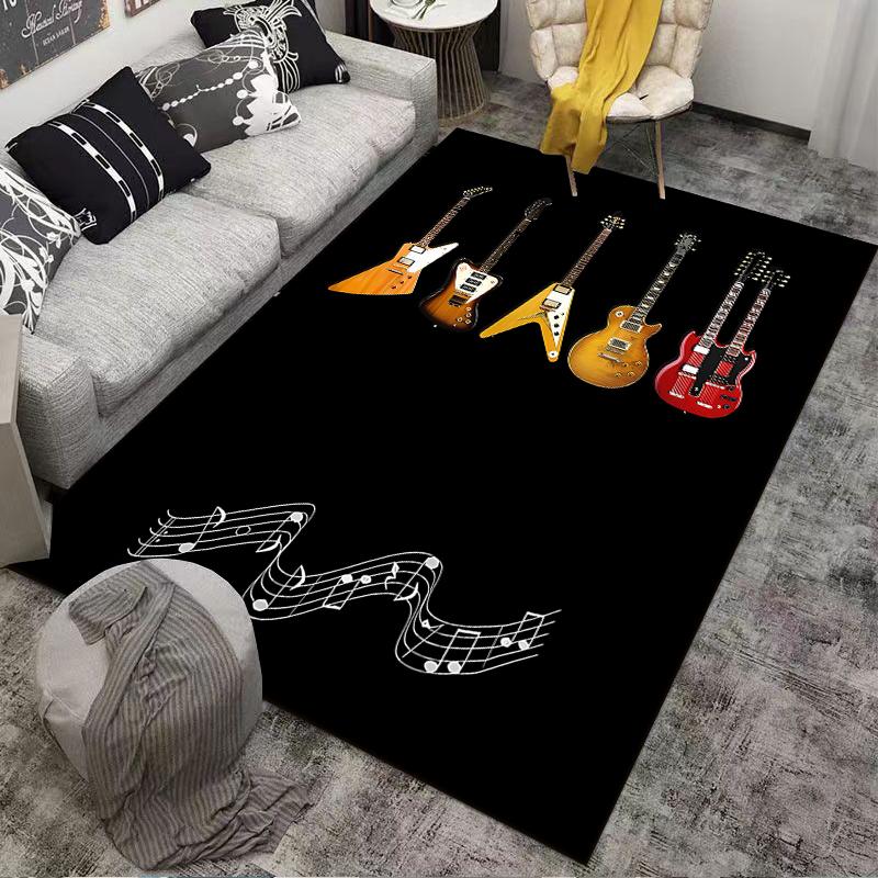 Guitar Pattern Carpet with Musical Notes On Black Background Suitable for Use As an Anti-slip for Living Room Bedroom Sofas
