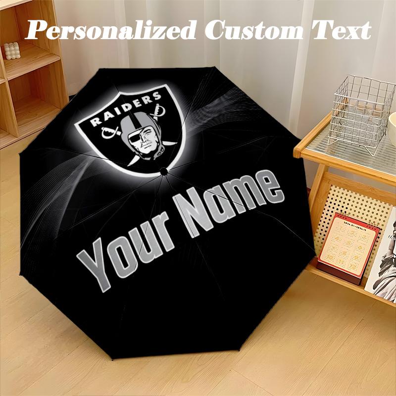 Las Vegas Raiders Automatic 8‑ribs Umbrella, Custom Name Text Personalized Folding Umbrella Rain Sun Gift